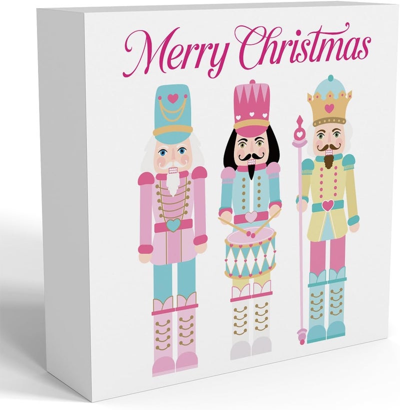 FXEFXE Pink Christmas Decor, Nutcracker Christmas Decorations Indoor, Merry Sign Gift for Women Friends, Rustic Farmhouse Wooden Box Sign for Home Shelf Office Bedroom Living Room Desk Decor 5x5 Inches - Image 1